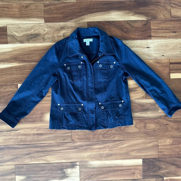Christopher & Banks Navy Cotton Military Cargo Jacket size Large Petite (LP) - Picture 1 of 5